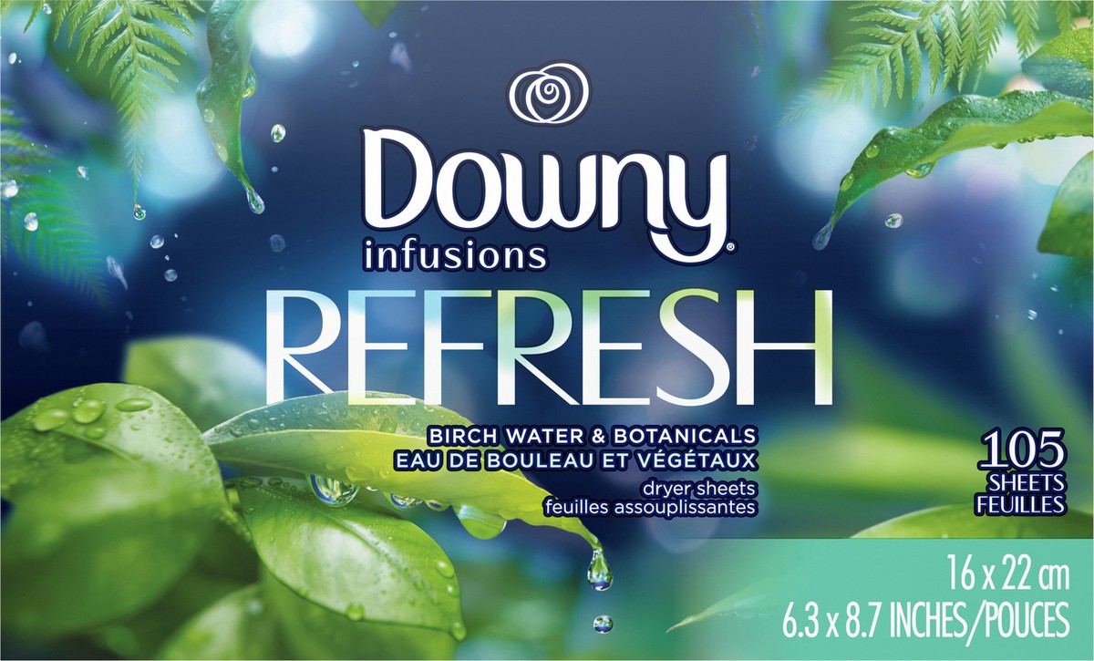 slide 1 of 6, Downy Infusions Refresh Birch Water & Botanicals Dryer Sheets 105 ea, 105 ct