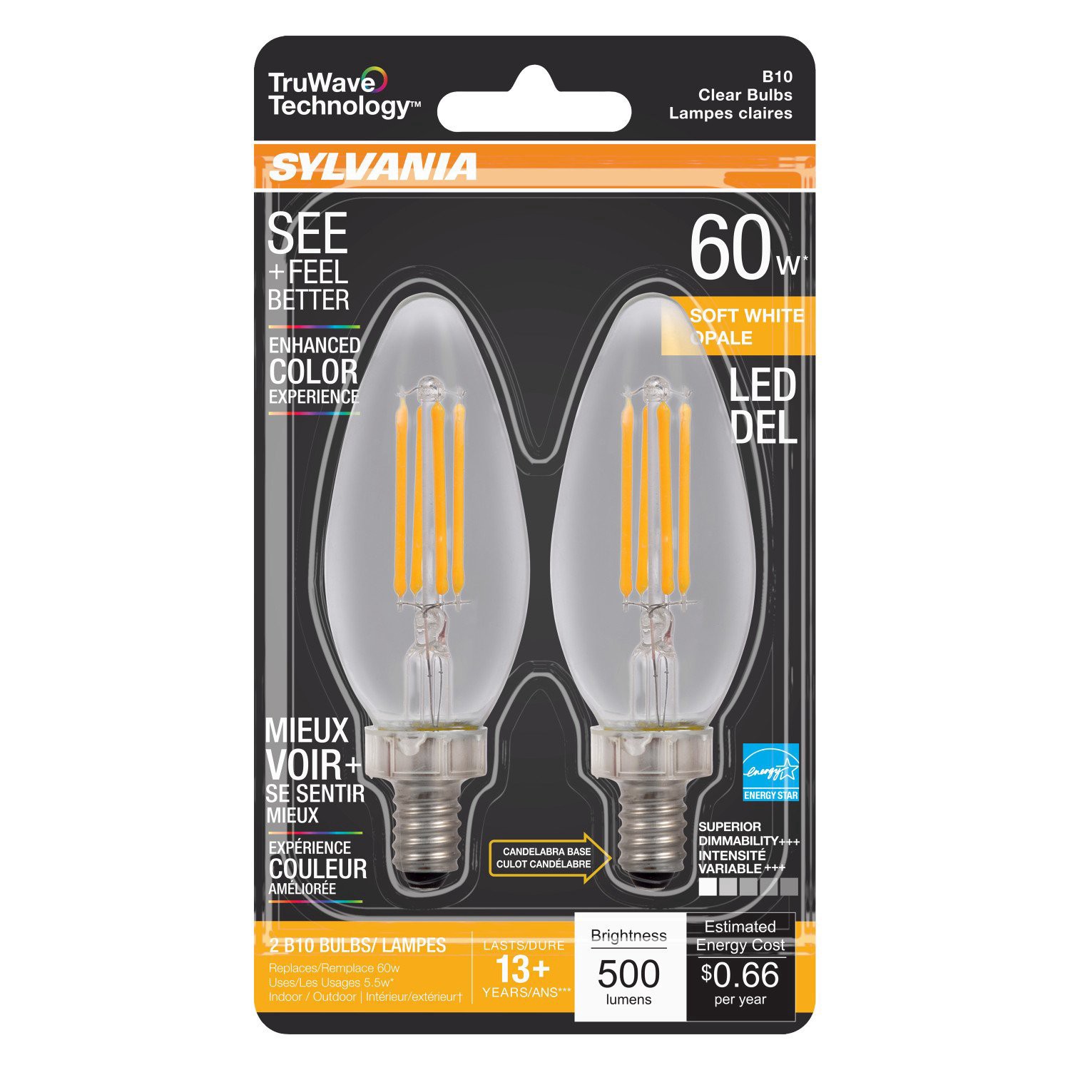 slide 1 of 1, Sylvania TruWave B10 60-Watt Soft White LED Light Bulbs, 2 ct