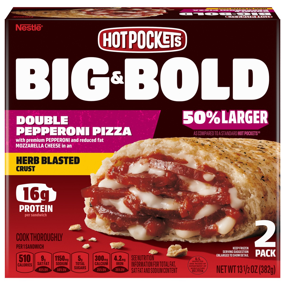 slide 1 of 3, Hot Pockets Big & Bold Double Pepperoni Pizza Frozen Snacks in a Herb Blasted Crust, Pizza Snacks Made with Reduced Fat Mozzarella Cheese, 2 Count Frozen Sandwiches, 13.5 oz