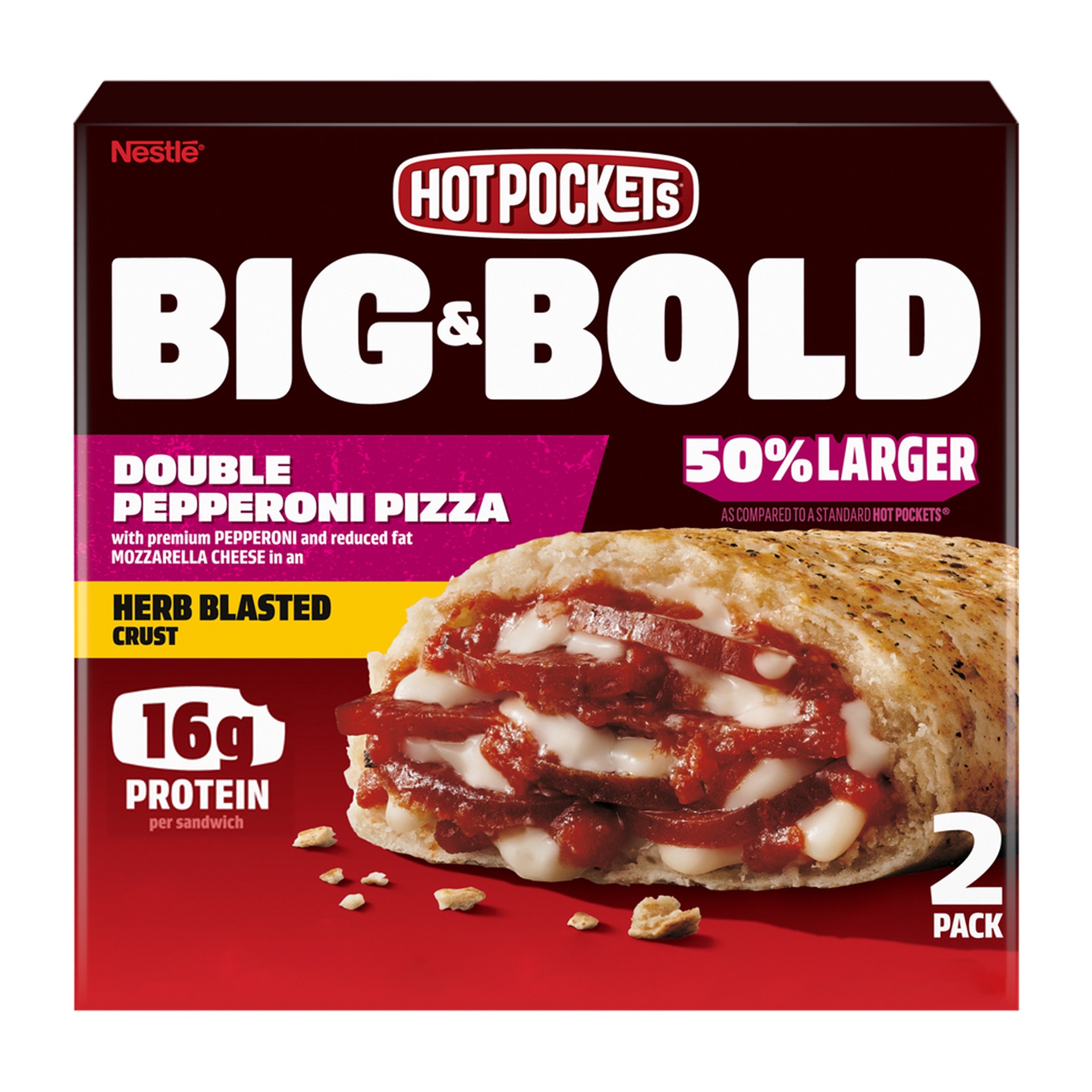 slide 1 of 3, Hot Pockets Big & Bold Double Pepperoni Pizza Frozen Snacks in a Herb Blasted Crust, Pizza Snacks Made with Reduced Fat Mozzarella Cheese, 2 Count Frozen Sandwiches, 13.5 oz