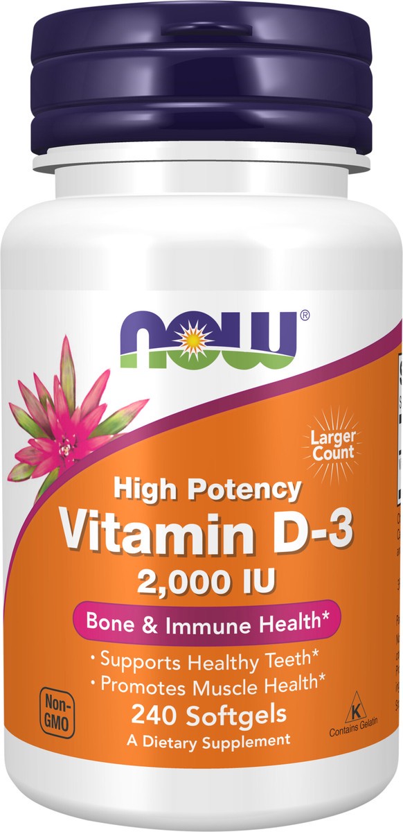 slide 2 of 2, NOW Supplements, Vitamin D-3 2,000 IU, High Potency, Structural Support*, 240 Softgels, 240 ct