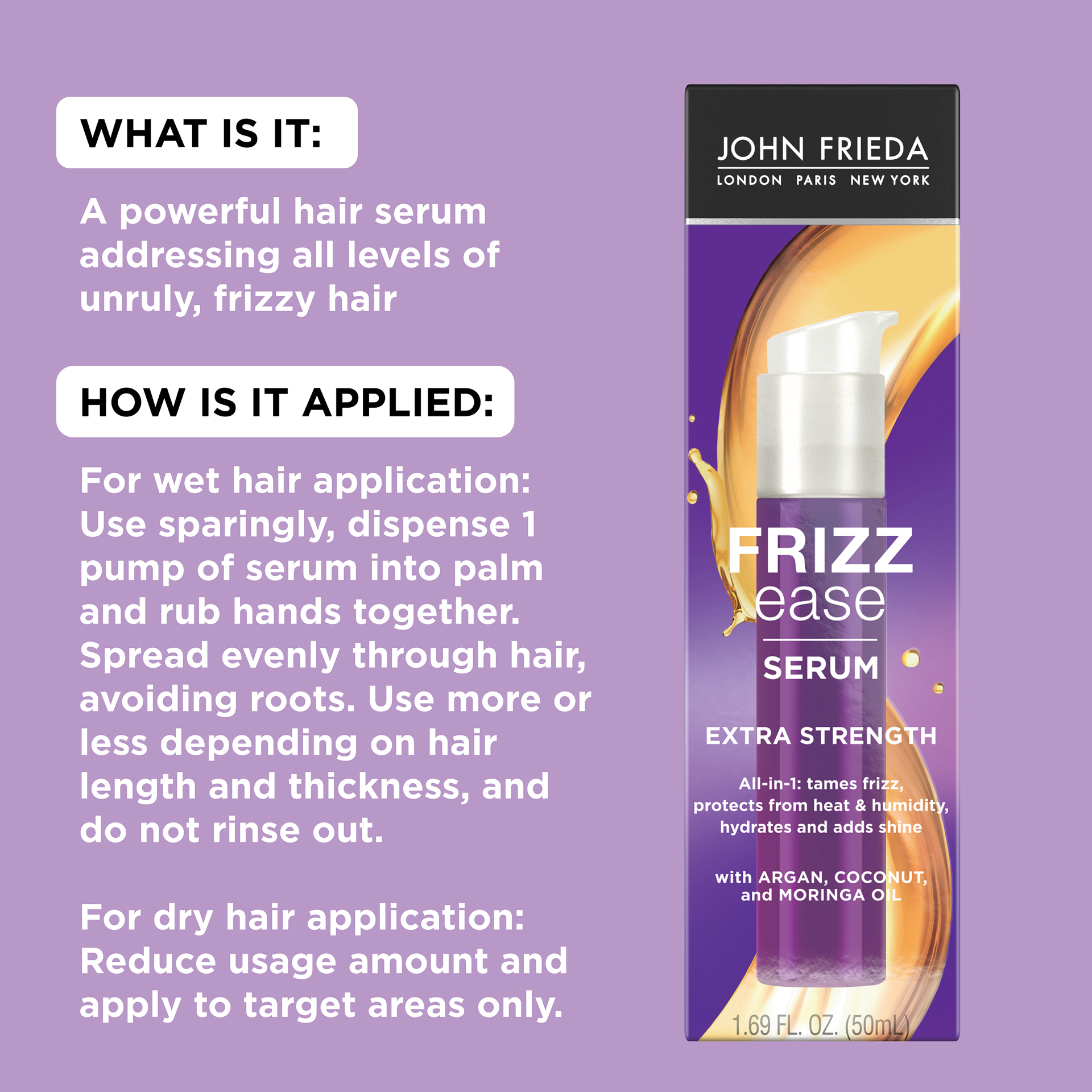 slide 2 of 5, John Frieda Extra Strength Anti-Frizz Hair Serum, Nourishing Hair Oil for Frizz Control, Heat Protectant with Argan & Coconut Oils, 1.69 fl oz, 1.69 fl oz