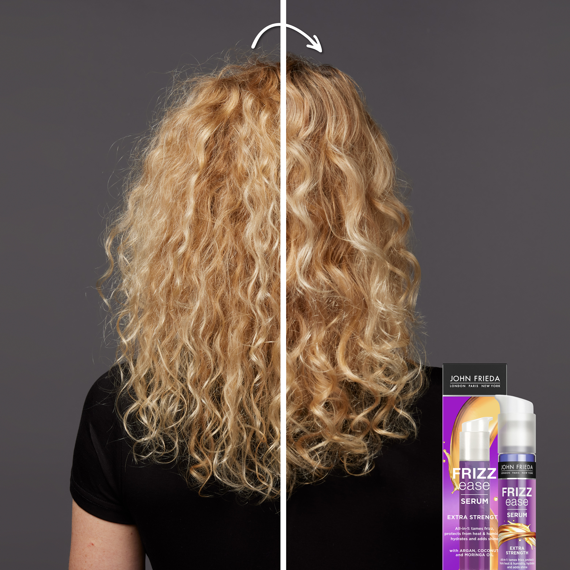 slide 3 of 5, John Frieda Extra Strength Anti-Frizz Hair Serum, Nourishing Hair Oil for Frizz Control, Heat Protectant with Argan & Coconut Oils, 1.69 fl oz, 1.69 fl oz