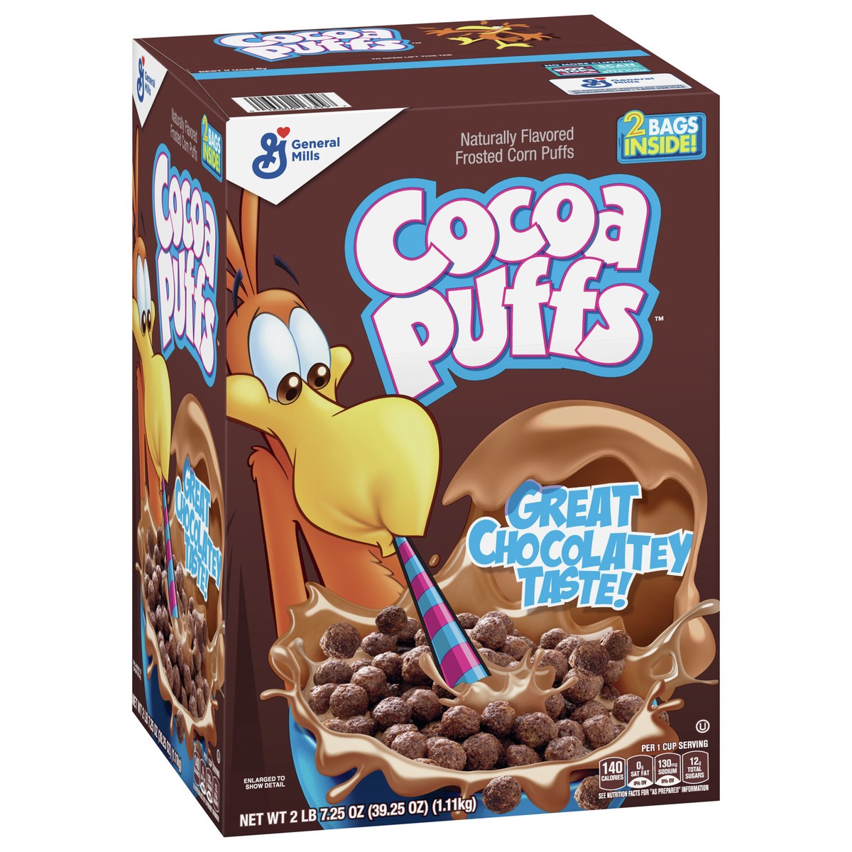 slide 4 of 9, Cocoa Puffs, Chocolatey Breakfast Cereal, Made with Whole Grain, 2 Bags Inside, 39.25 oz, 2 ct