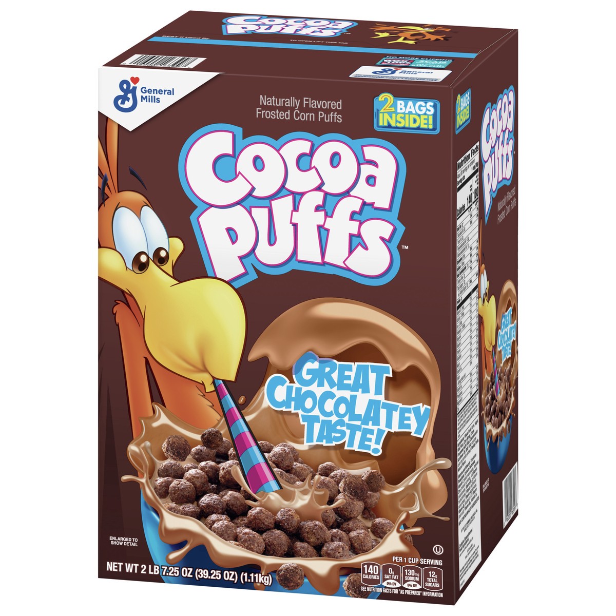slide 5 of 9, Cocoa Puffs, Chocolatey Breakfast Cereal, Made with Whole Grain, 2 Bags Inside, 39.25 oz, 2 ct