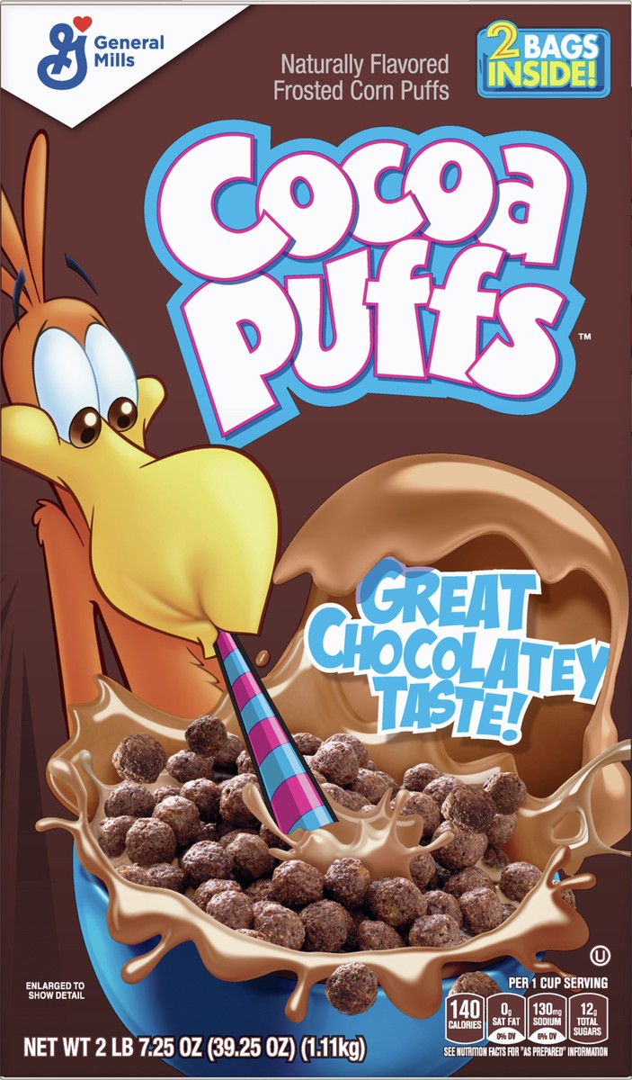 slide 3 of 9, Cocoa Puffs, Chocolatey Breakfast Cereal, Made with Whole Grain, 2 Bags Inside, 39.25 oz, 2 ct