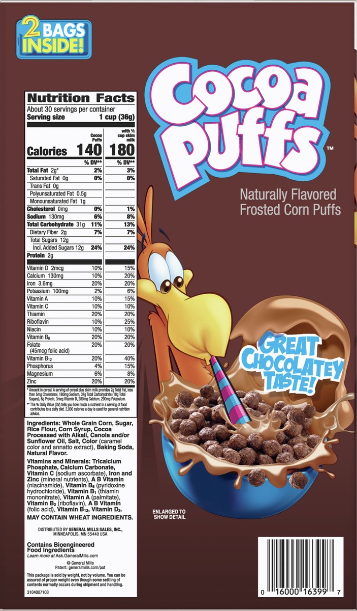 slide 9 of 9, Cocoa Puffs, Chocolatey Breakfast Cereal, Made with Whole Grain, 2 Bags Inside, 39.25 oz, 2 ct
