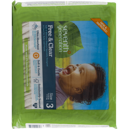 slide 15 of 18, Seventh Generation Free & Clear Size 3 16-28 Lbs Baby Diapers With Animal Prints, 31 ct