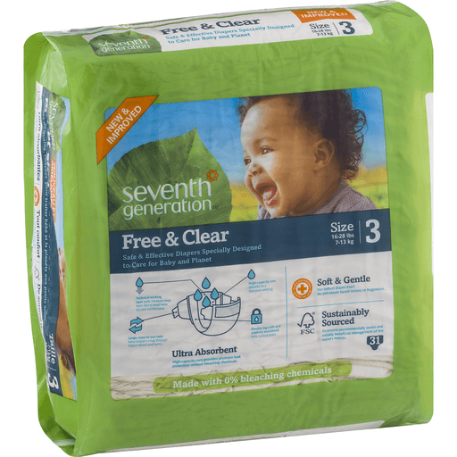 slide 4 of 18, Seventh Generation Free & Clear Size 3 16-28 Lbs Baby Diapers With Animal Prints, 31 ct