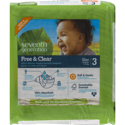 slide 9 of 18, Seventh Generation Free & Clear Size 3 16-28 Lbs Baby Diapers With Animal Prints, 31 ct