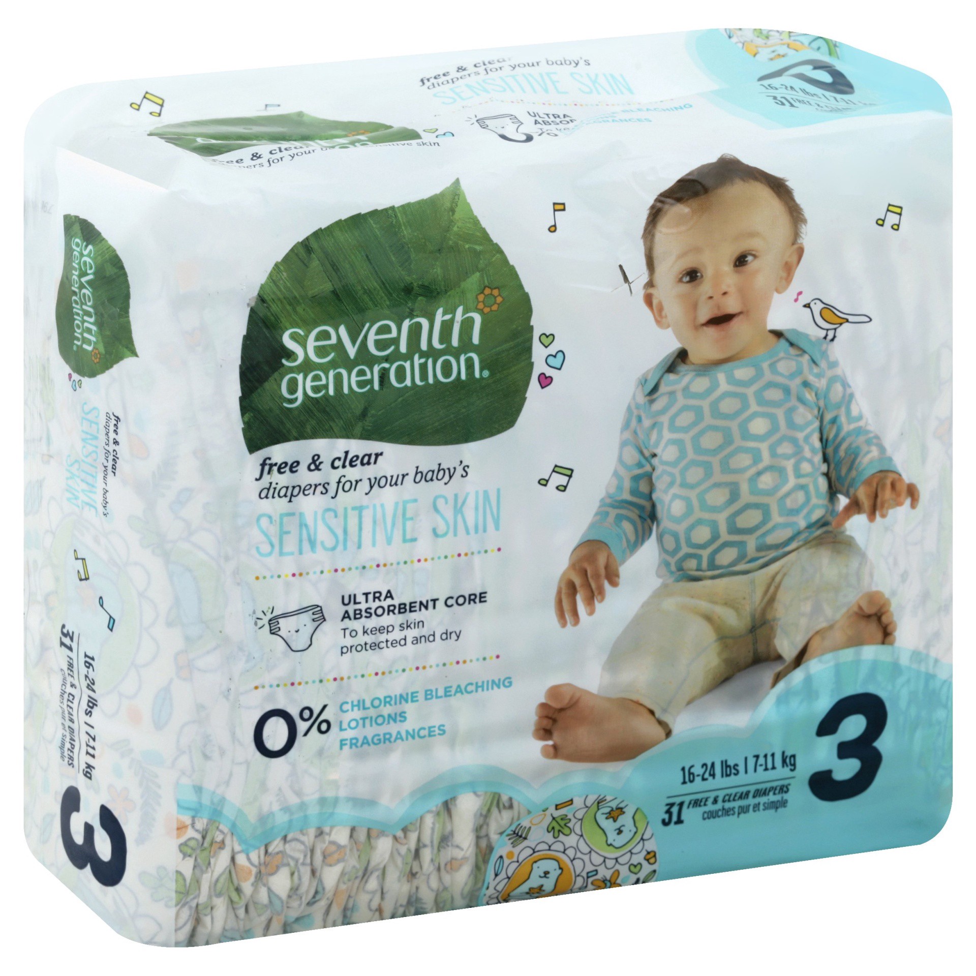 slide 1 of 18, Seventh Generation Free & Clear Size 3 16-28 Lbs Baby Diapers With Animal Prints, 31 ct