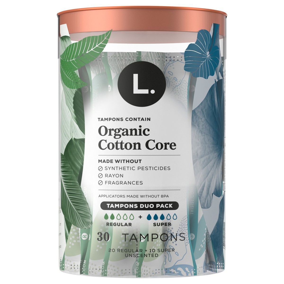 slide 1 of 13, L. Cotton Tampons Regular/Super Absorbency Multipack, Contains an Organic Cotton Core, Made Without Synthetic Pesticides, or Fragrances 30 Count, 30 ct