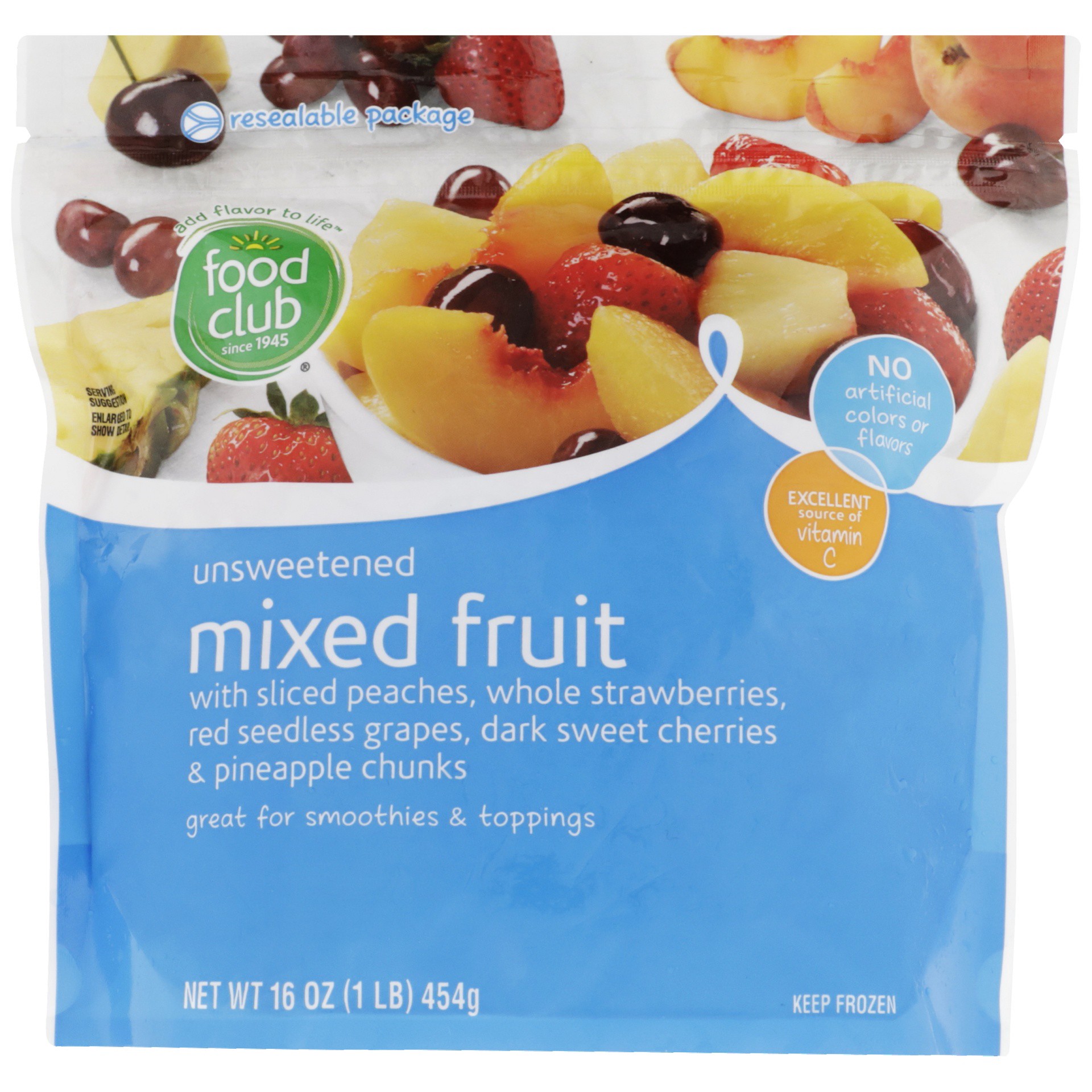 slide 1 of 6, Food Club Unsweetened Mixed Fruit With Sliced Peaches, Whole Strawberries, Red Seedless Grapes, Dark Sweet Cherries & Pineapple Chunks, 16 oz