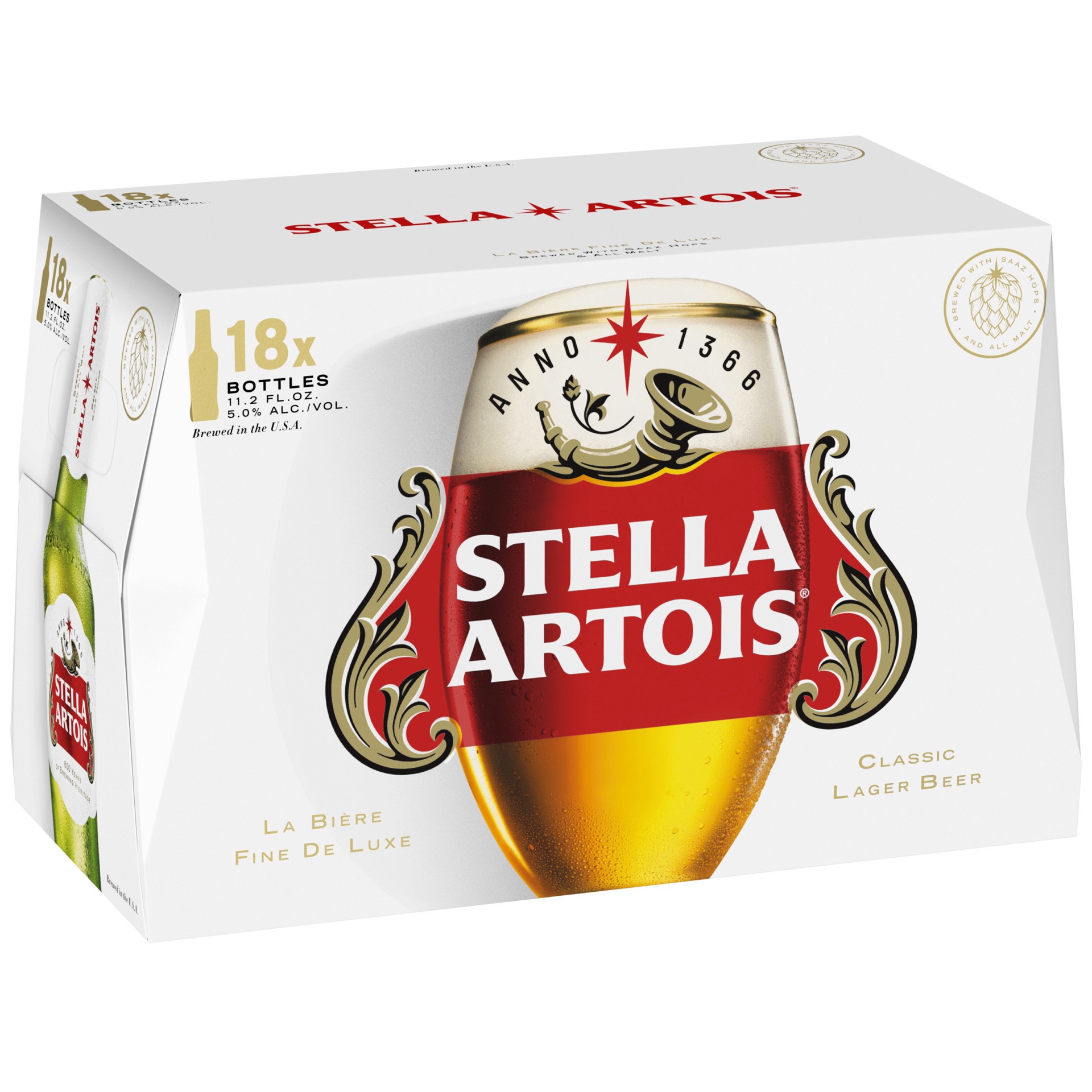 slide 1 of 54, Stella Artois Lager, 18 Pack Beer - 11.2 FL OZ Bottles, 18 ct; 11.2 oz