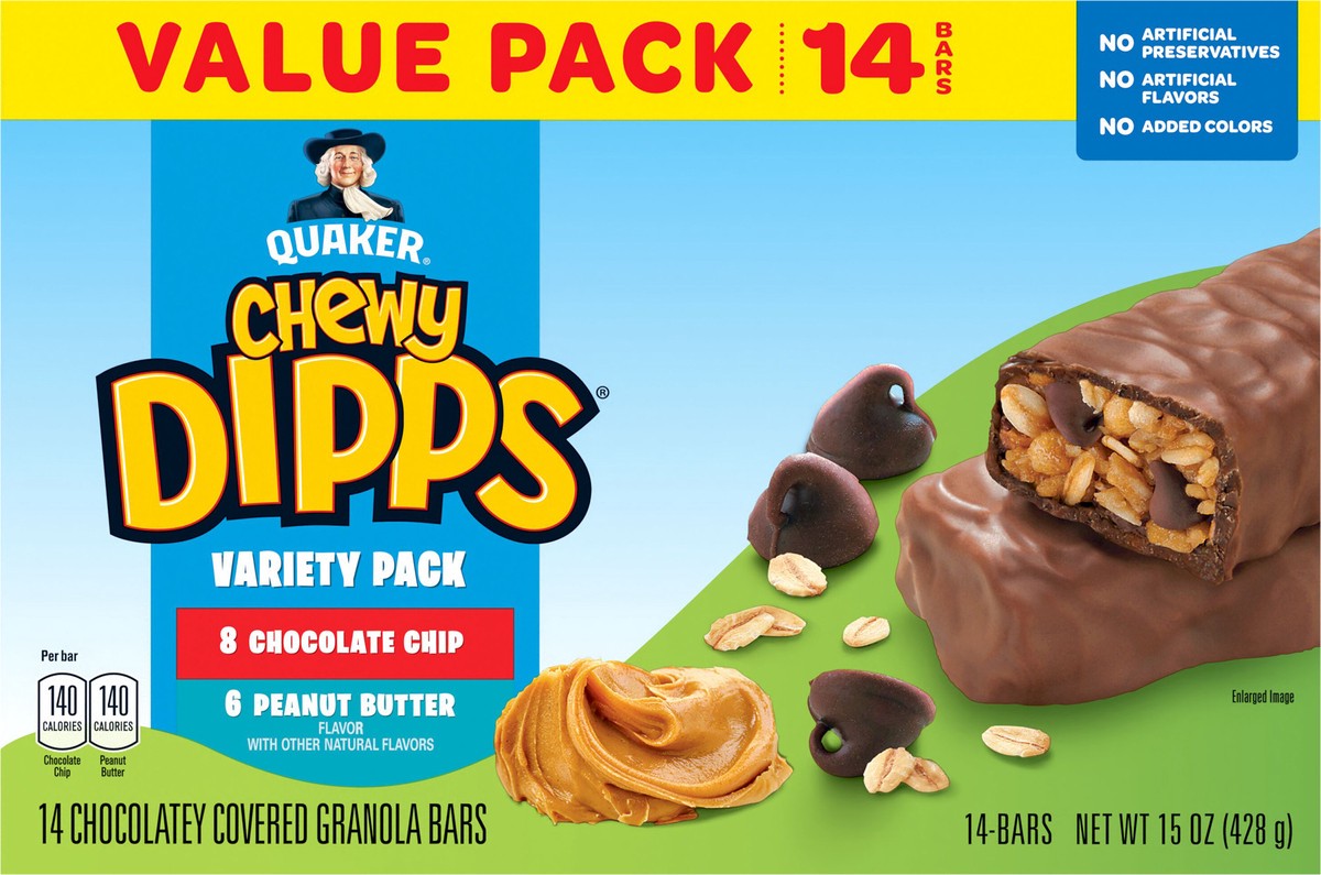 slide 3 of 6, Quaker Chewy Dipps Chocolate Covered Granola Bars Chocolate Chip Peanut Butter, 15 oz