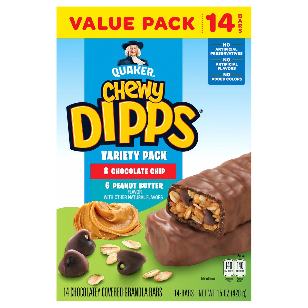 slide 1 of 6, Quaker Chewy Dipps Chocolate Covered Granola Bars Chocolate Chip Peanut Butter, 15 oz