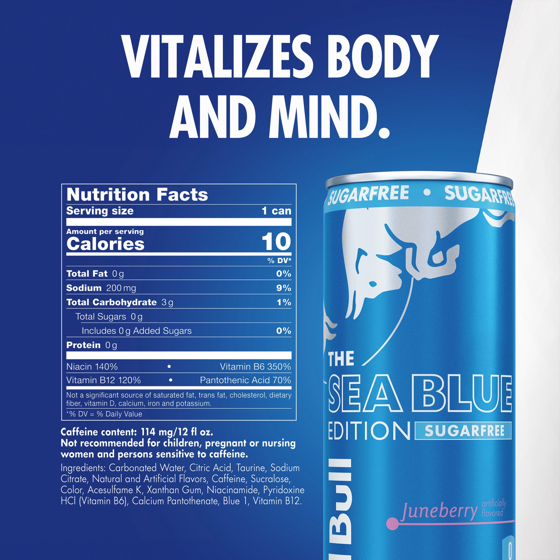 slide 7 of 7, Red Bull Sea Blue Edition Sugar Free Energy Drink, Juneberry, 12 fl. oz., Case of 24 cans, with 114mg Caffeine, Taurine & B Vitamins, 24 ct