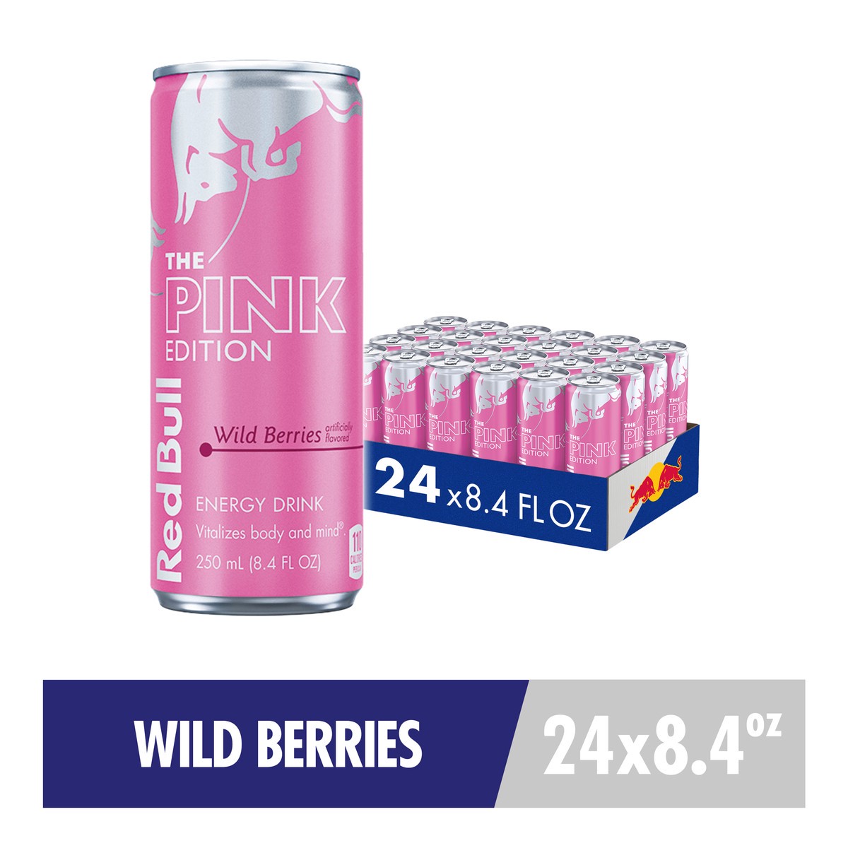 slide 1 of 8, Red Bull Pink Edition Energy Drink, Wild Berries, 8.4 fl. oz., Case of 24 cans, with 80mg Caffeine, Taurine & B Vitamins, 24 ct