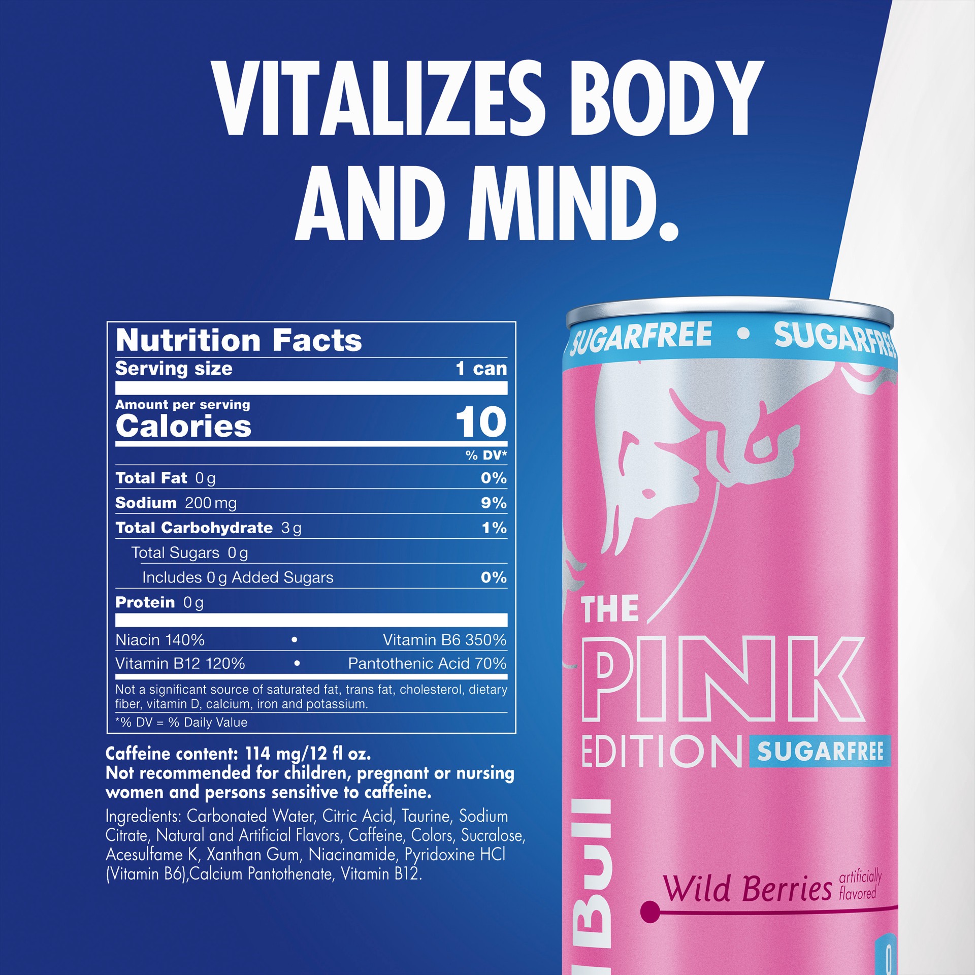slide 4 of 7, Red Bull Pink Edition Sugar Free Energy Drink, Wild Berries, 12 fl. oz., Case of 24 cans, with 114mg Caffeine, Taurine & B Vitamins, 24 ct