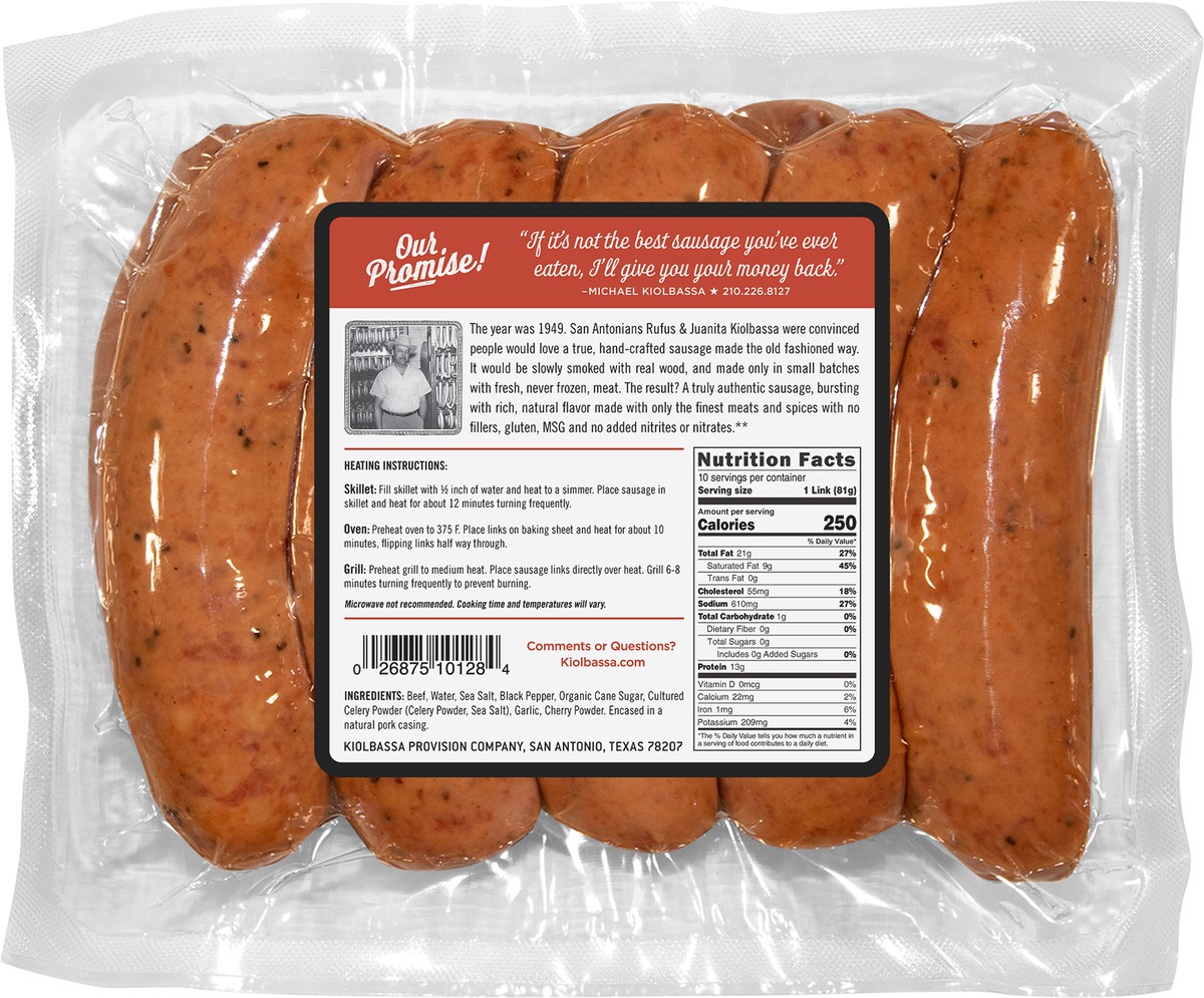 slide 5 of 6, Kiolbassa Beef Smoked Sausage, 10 ct