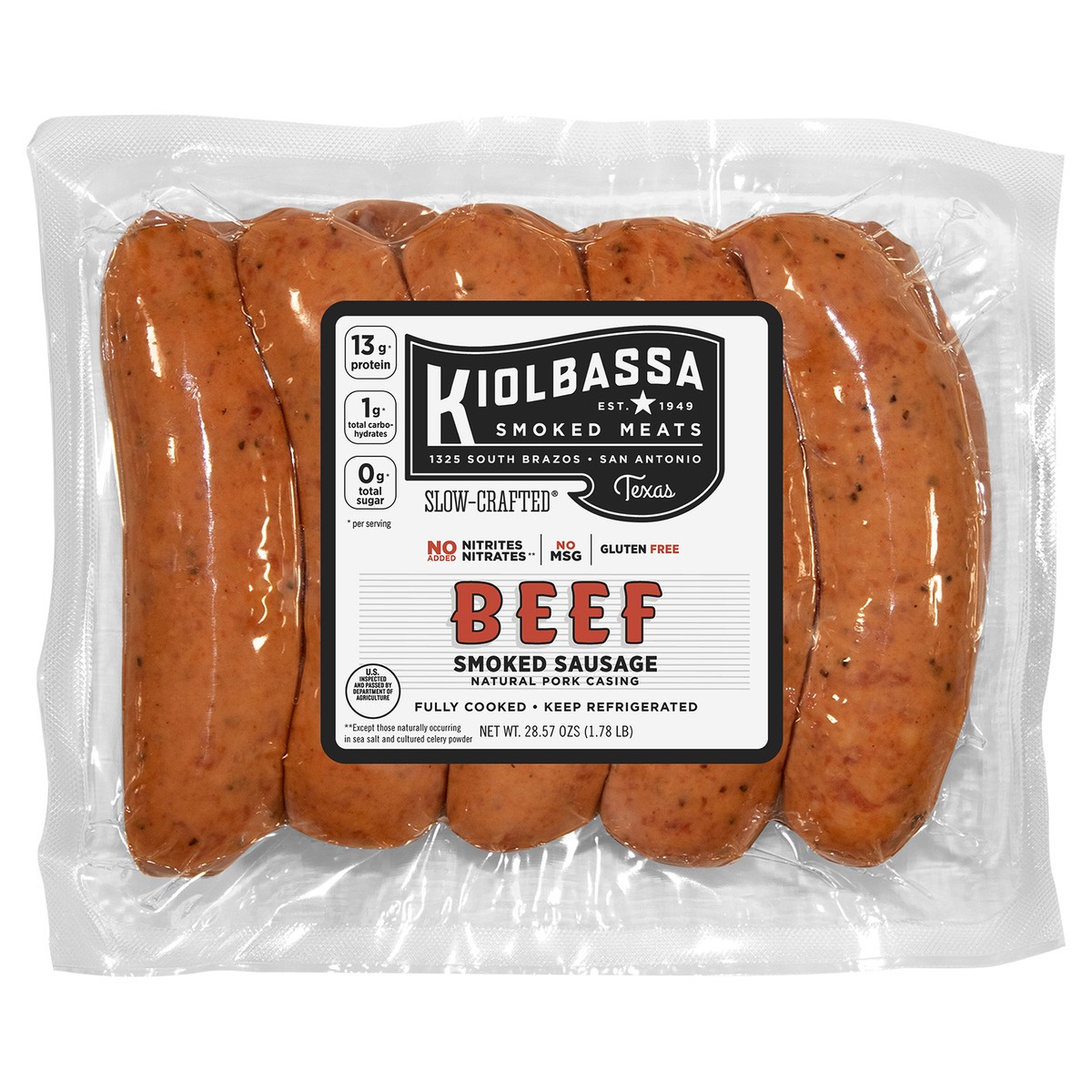 slide 3 of 6, Kiolbassa Beef Smoked Sausage, 10 ct