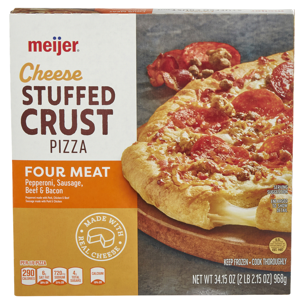 slide 1 of 3, Meijer Four Meat Cheese Stuffed Crust Pizza, 34.15 oz