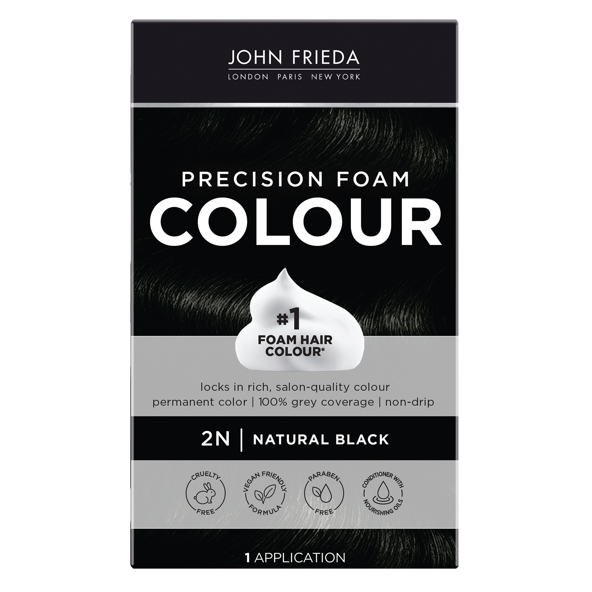 slide 1 of 5, John Frieda Black Permanent Precision Hair color Foam Hair Color Kit, Black Hair Color, 2N Natural Black Hair Dye, 1 Application, 1 ct