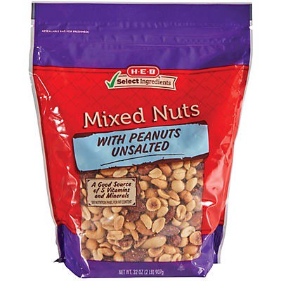 slide 1 of 1, H-E-B Select Ingredients Unsalted Mixed Nuts with Peanuts, 32 oz
