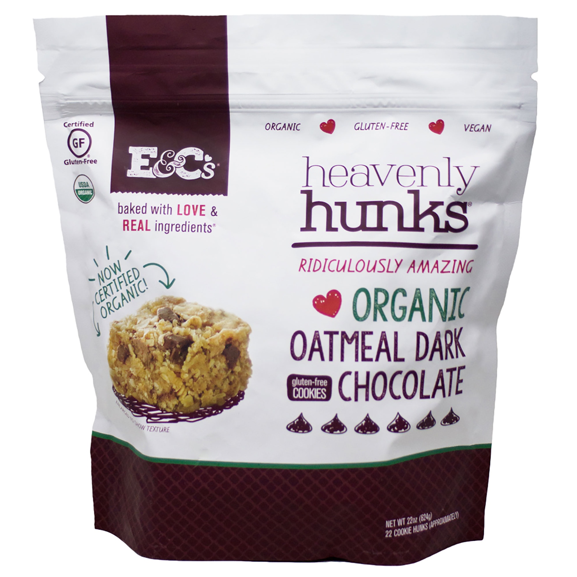 slide 1 of 2, E&C's Snacks Heavenly Hunk Organic Dark Chocolate Oatmeal, 22, 1 oz