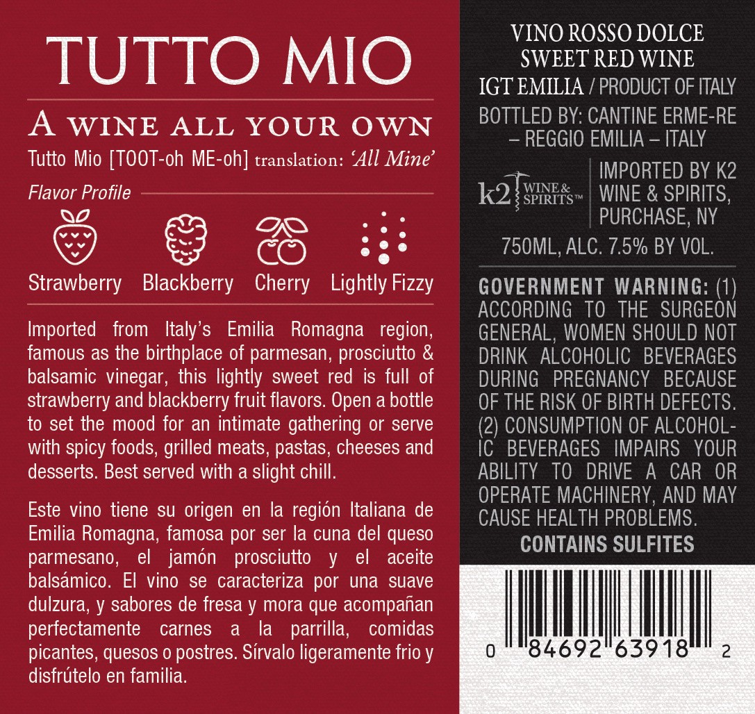 slide 4 of 6, Tutto Mio - Vino Rosso Dolce (750x12), 750 ml
