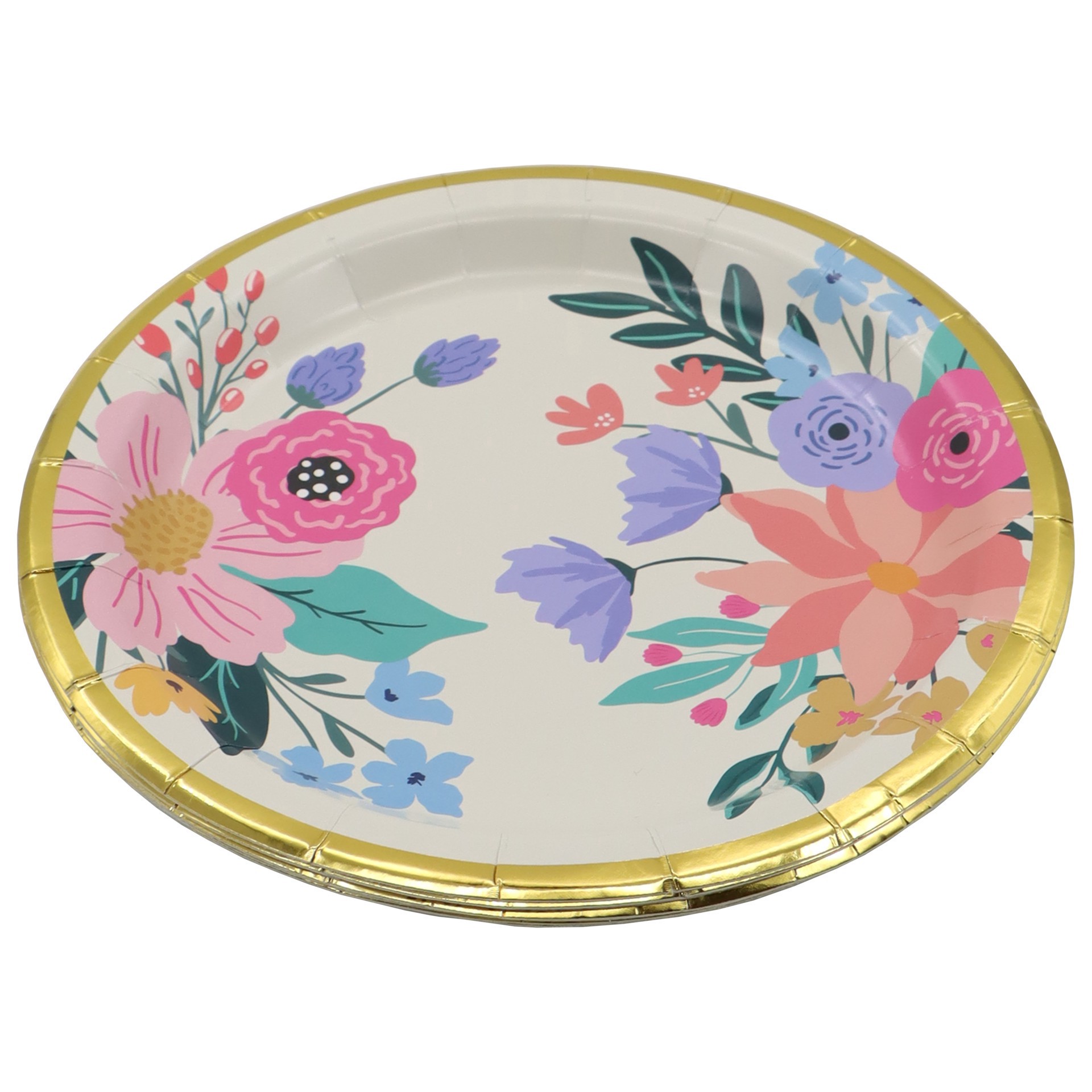 slide 2 of 2, 7" Flowers With Gold Trim Snack Plates, 8ct. By Celebrate It, 8 ct