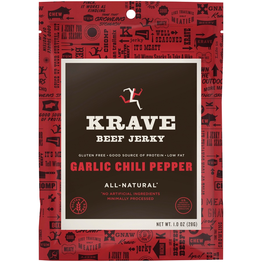 slide 1 of 1, Krave Jerky Beef Garlic Chili Pepper, 1 oz