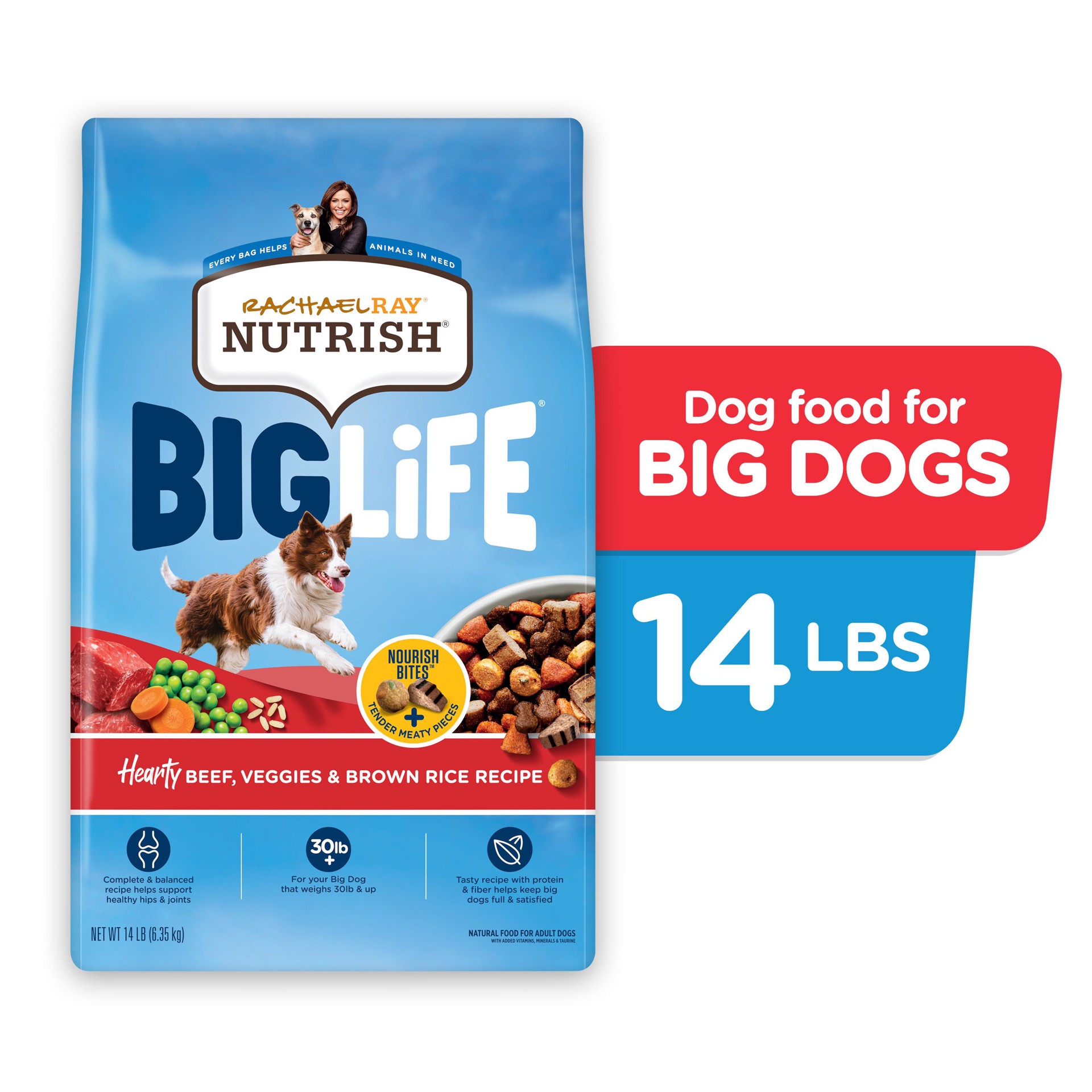 slide 4 of 9, Rachael Ray Nutrish Big Life Dry Dog Food for Big Dogs, Hearty Beef, Veggies & Brown Rice Recipe, 14 lb Bag, 14 lb
