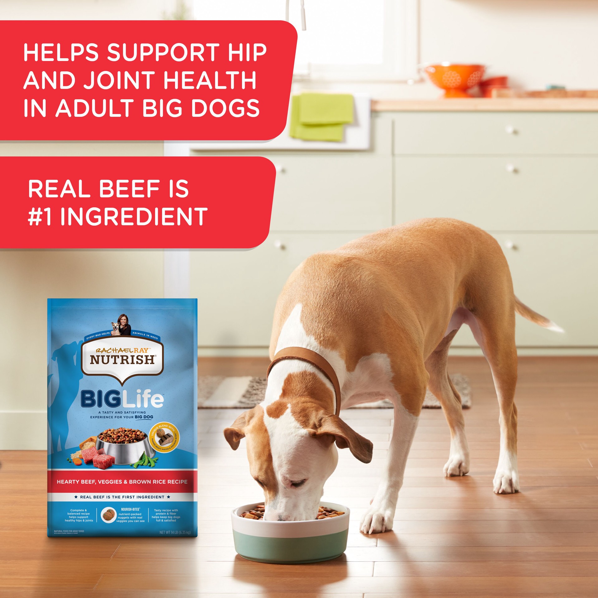slide 9 of 9, Rachael Ray Nutrish Big Life Dry Dog Food for Big Dogs, Hearty Beef, Veggies & Brown Rice Recipe, 14 lb Bag, 14 lb
