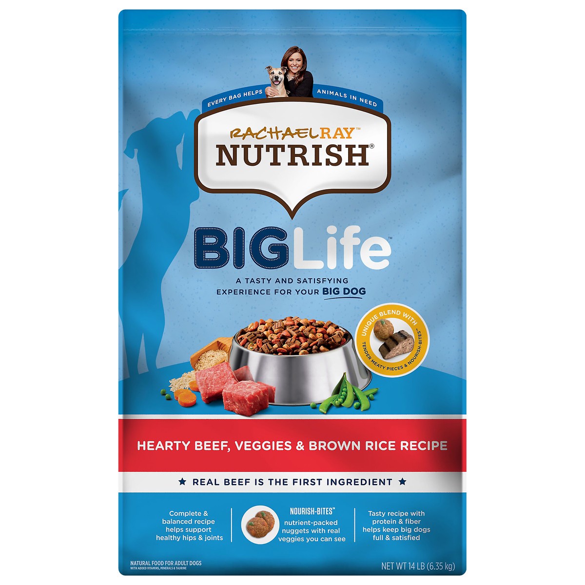 slide 1 of 9, Rachael Ray Nutrish Big Life Dry Dog Food for Big Dogs, Hearty Beef, Veggies & Brown Rice Recipe, 14 lb Bag, 14 lb
