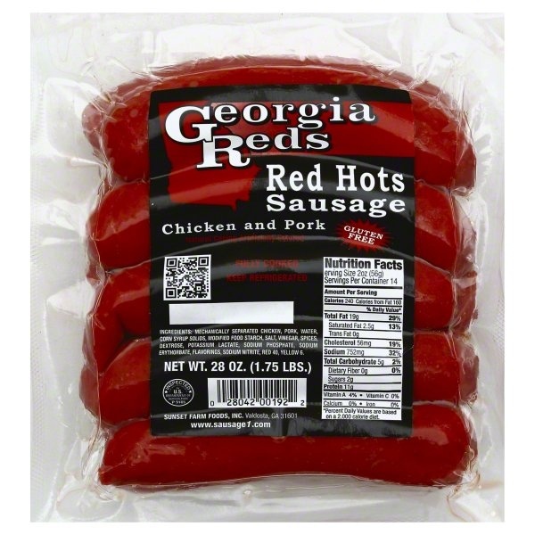 slide 1 of 1, Georgia Reds Red Hots Chicken and Pork Sausage 28 oz, 28 oz