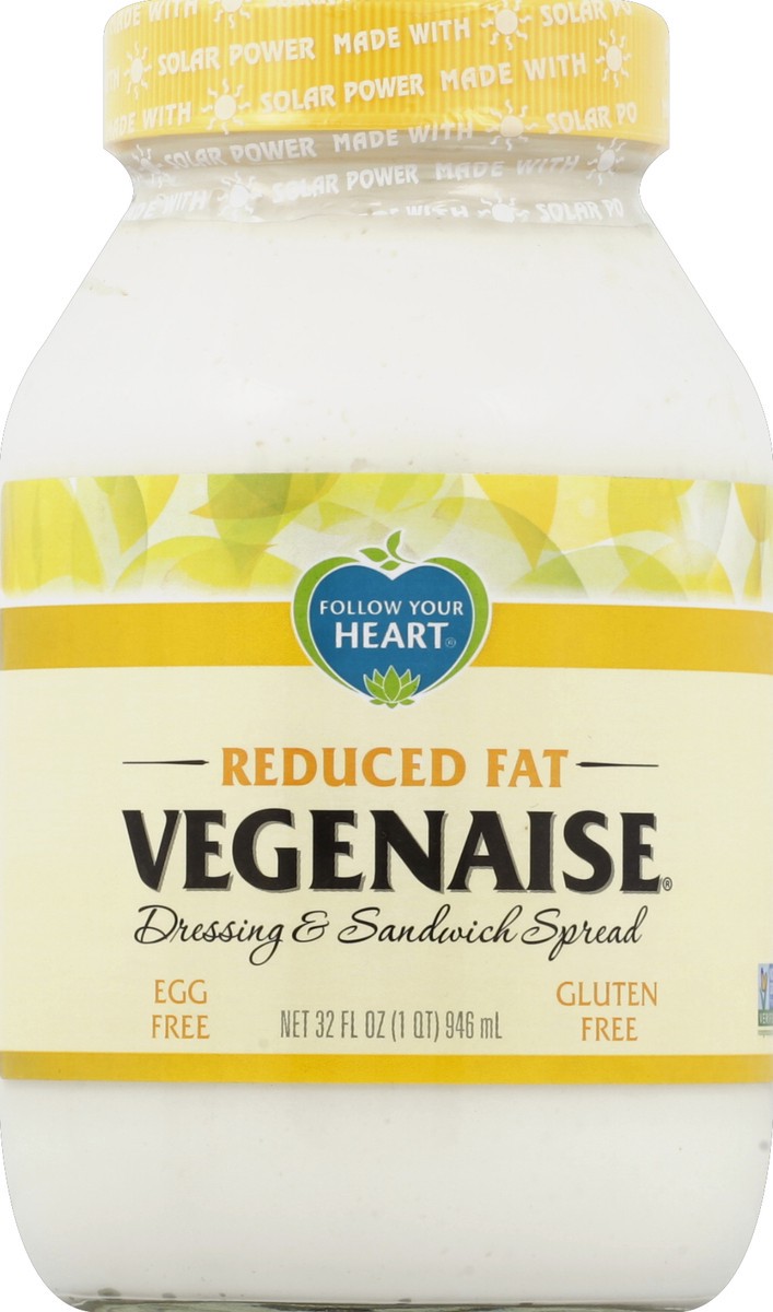 slide 2 of 2, Follow Your Heart Vegenaise Dressing and Sandwich Spread, Reduced Fat, Dairy Free, Egg Free, Creamy Condiment Made Without Cholesterol or Preservatives, 32 FL OZ Jar, 32 fl oz