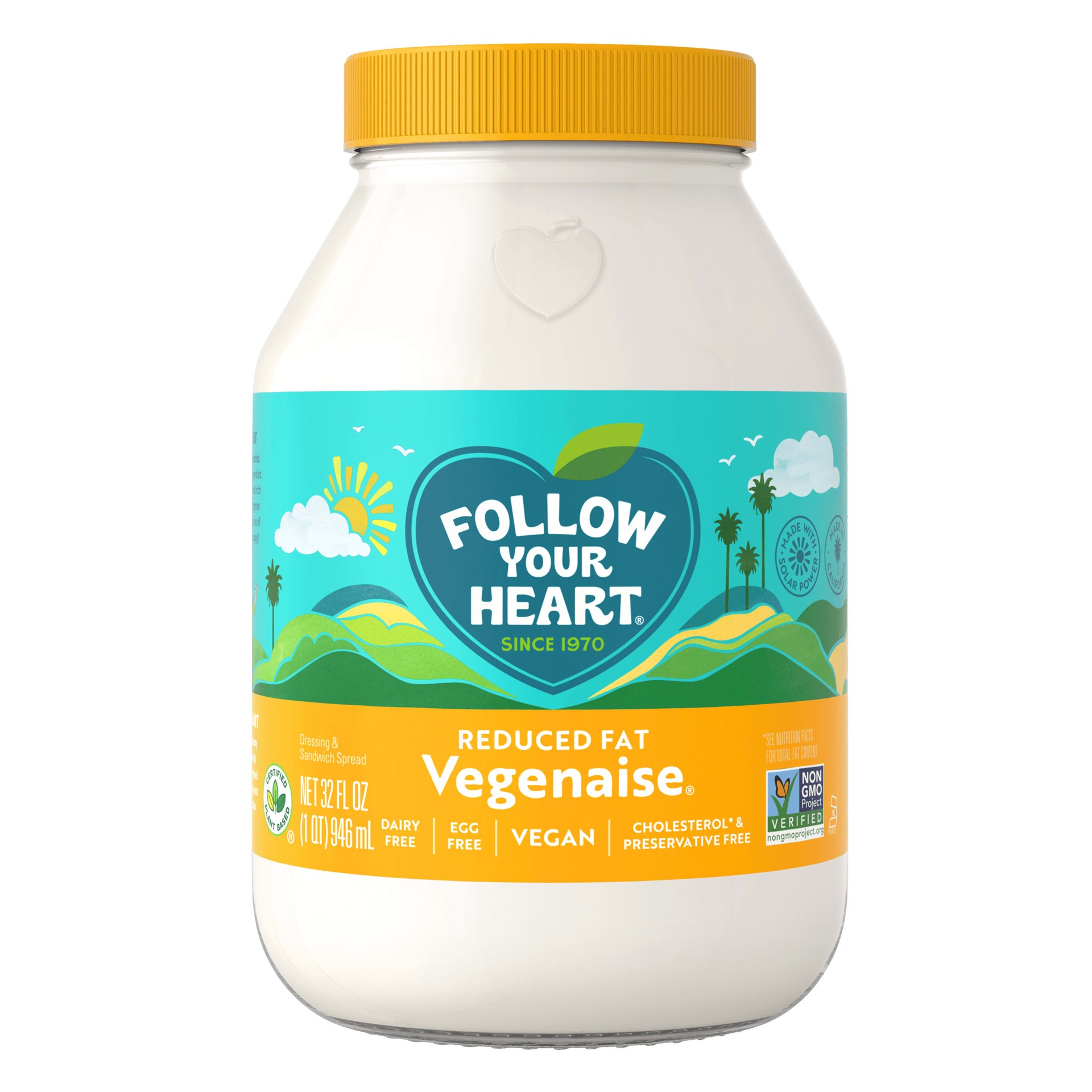 slide 1 of 2, Follow Your Heart Vegenaise Dressing and Sandwich Spread, Reduced Fat, Dairy Free, Egg Free, Creamy Condiment Made Without Cholesterol or Preservatives, 32 FL OZ Jar, 32 fl oz