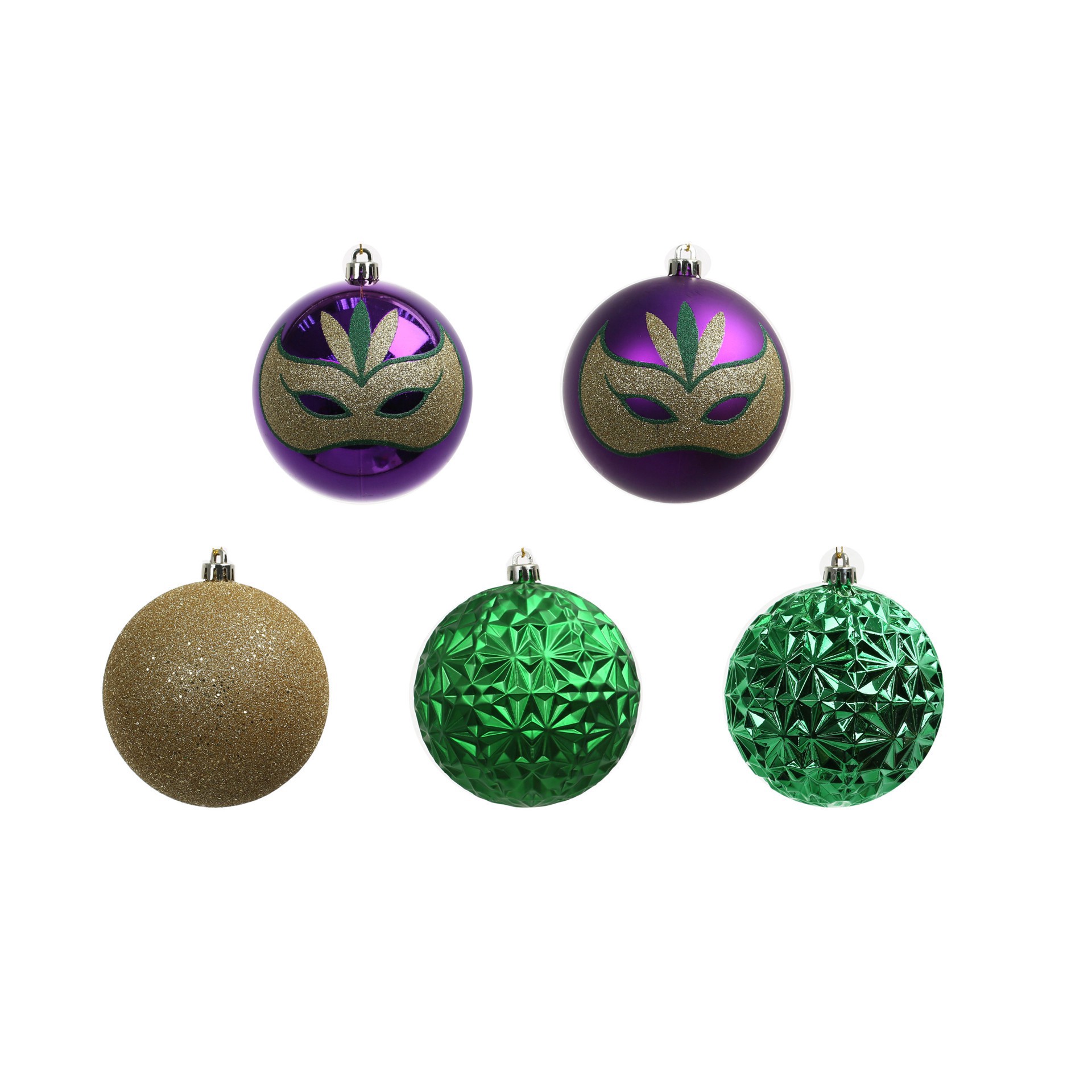 slide 3 of 3, 14 Pack 97mm Green, Purple & Gold Plastic Ball Ornaments By Celebrate It, 97mm