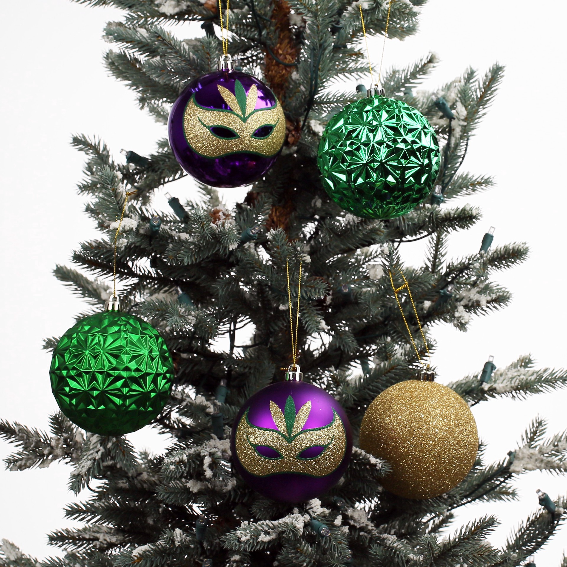 slide 2 of 3, 14 Pack 97mm Green, Purple & Gold Plastic Ball Ornaments By Celebrate It, 97mm