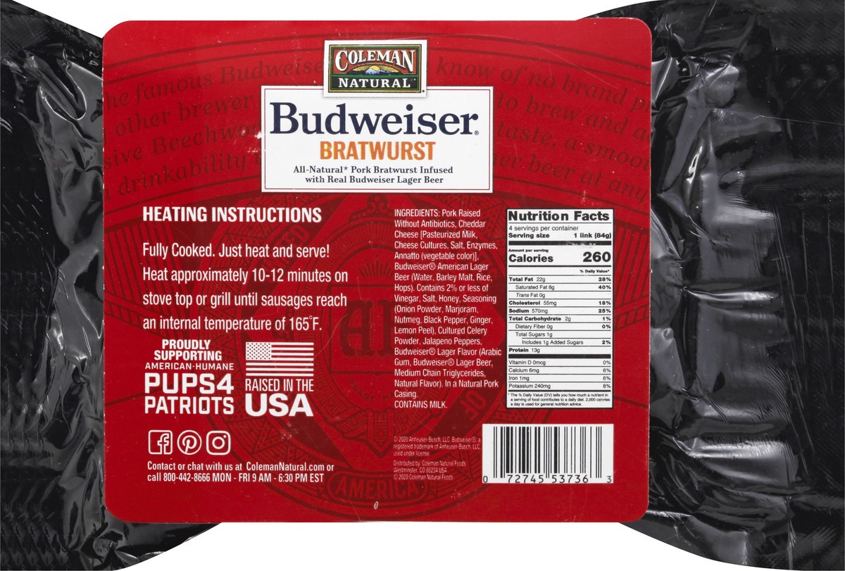 slide 10 of 10, Coleman Natural Jalapeno Cheddar Bratwurst 12 oz, 12 oz