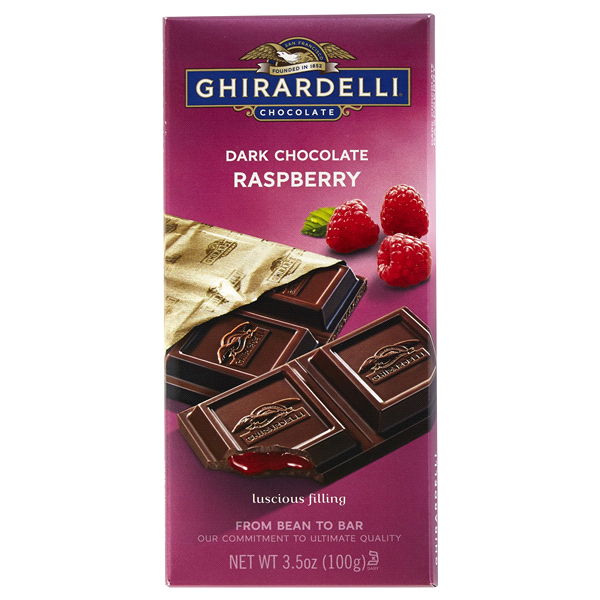 slide 1 of 1, Ghirardelli Dark Chocolate With Raspberry Filling, 3.5 oz