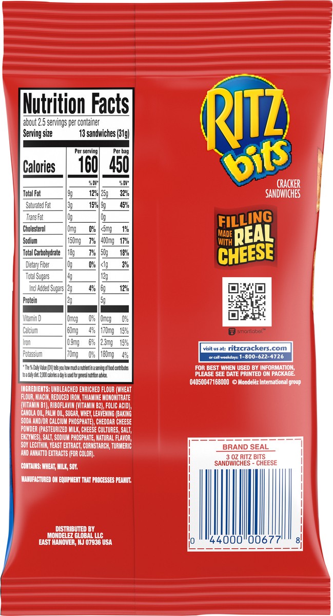 slide 7 of 9, RITZ Bits Cheese Crackers Sandwiches, Big Bag, 3 oz, 0.19 lb