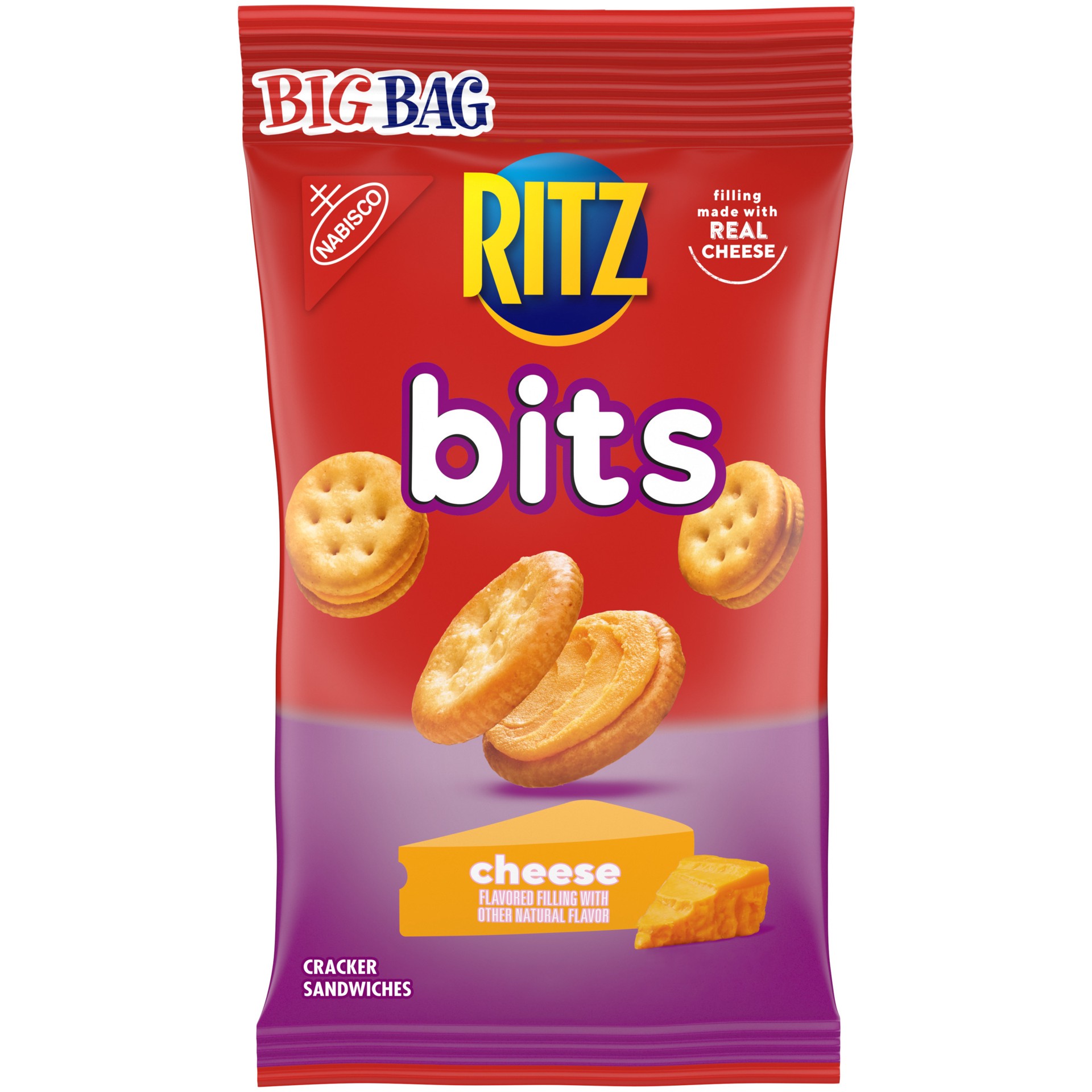 slide 1 of 9, RITZ Bits Cheese Crackers Sandwiches, Big Bag, 3 oz, 0.19 lb