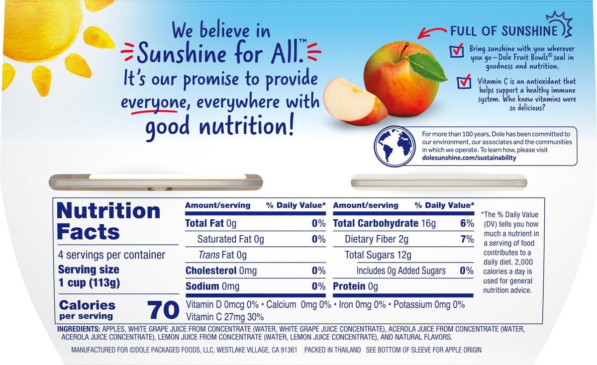 slide 10 of 11, DOLE Fruit Bowls Diced Apples in 100% Fruit Juice 4-4 oz. Cups, 4 ct