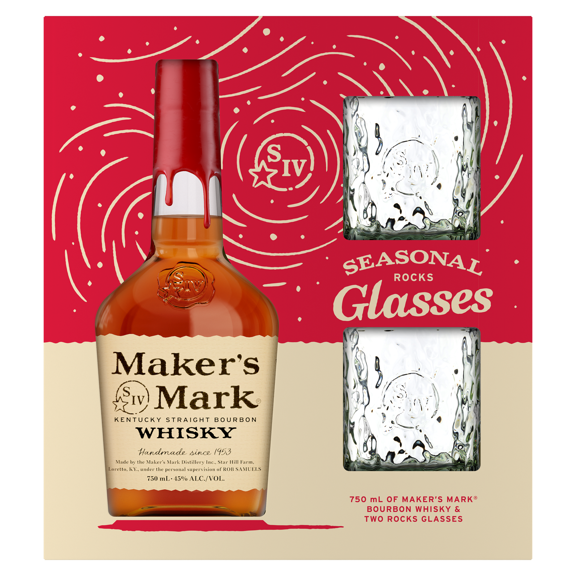 slide 1 of 2, Maker's Mark Kentucky Straight Bourbon Whisky 750 ml with 2 Rocks Glasses, 750 ml