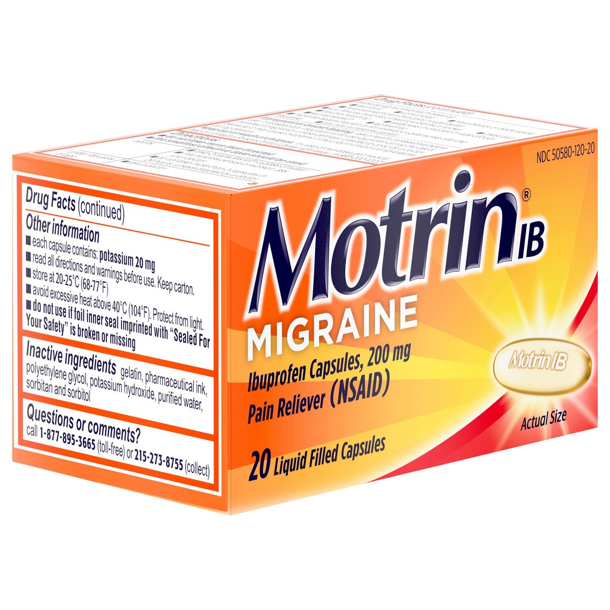 slide 3 of 7, Motrin IB Migraine Relief Liquid Gel Capsules, Ibuprofen 200 mg, Fast & Effective Migraine Headache Relief Medicine with NSAID Pain Reliever Ibuprofen, Caffeine-Free & Dye-Free, 20 Ct, 20 ct