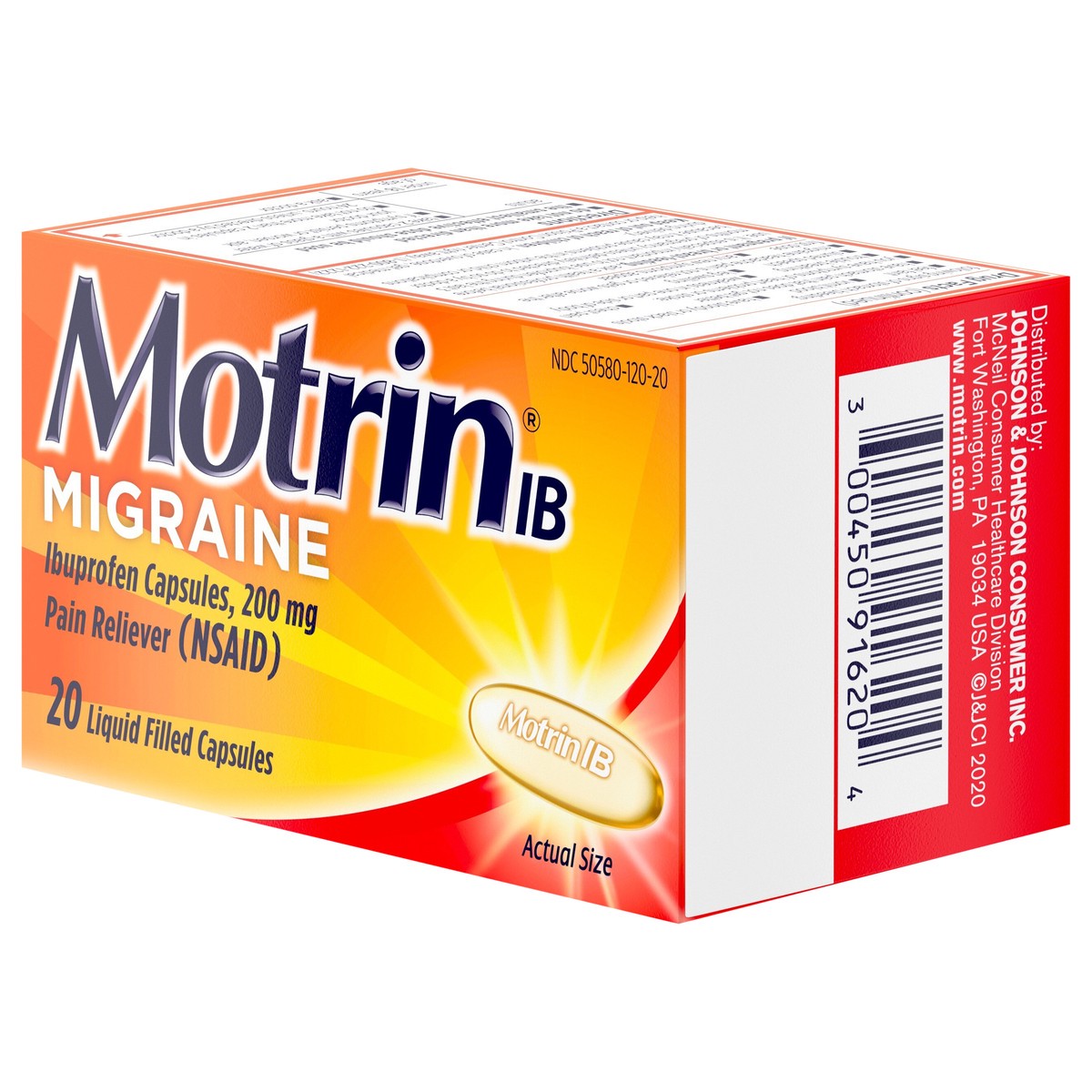 slide 4 of 7, Motrin IB Migraine Relief Liquid Gel Capsules, Ibuprofen 200 mg, Fast & Effective Migraine Headache Relief Medicine with NSAID Pain Reliever Ibuprofen, Caffeine-Free & Dye-Free, 20 Ct, 20 ct