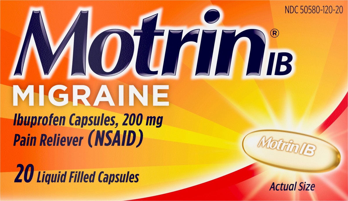 slide 7 of 7, Motrin IB Migraine Relief Liquid Gel Capsules, Ibuprofen 200 mg, Fast & Effective Migraine Headache Relief Medicine with NSAID Pain Reliever Ibuprofen, Caffeine-Free & Dye-Free, 20 Ct, 20 ct