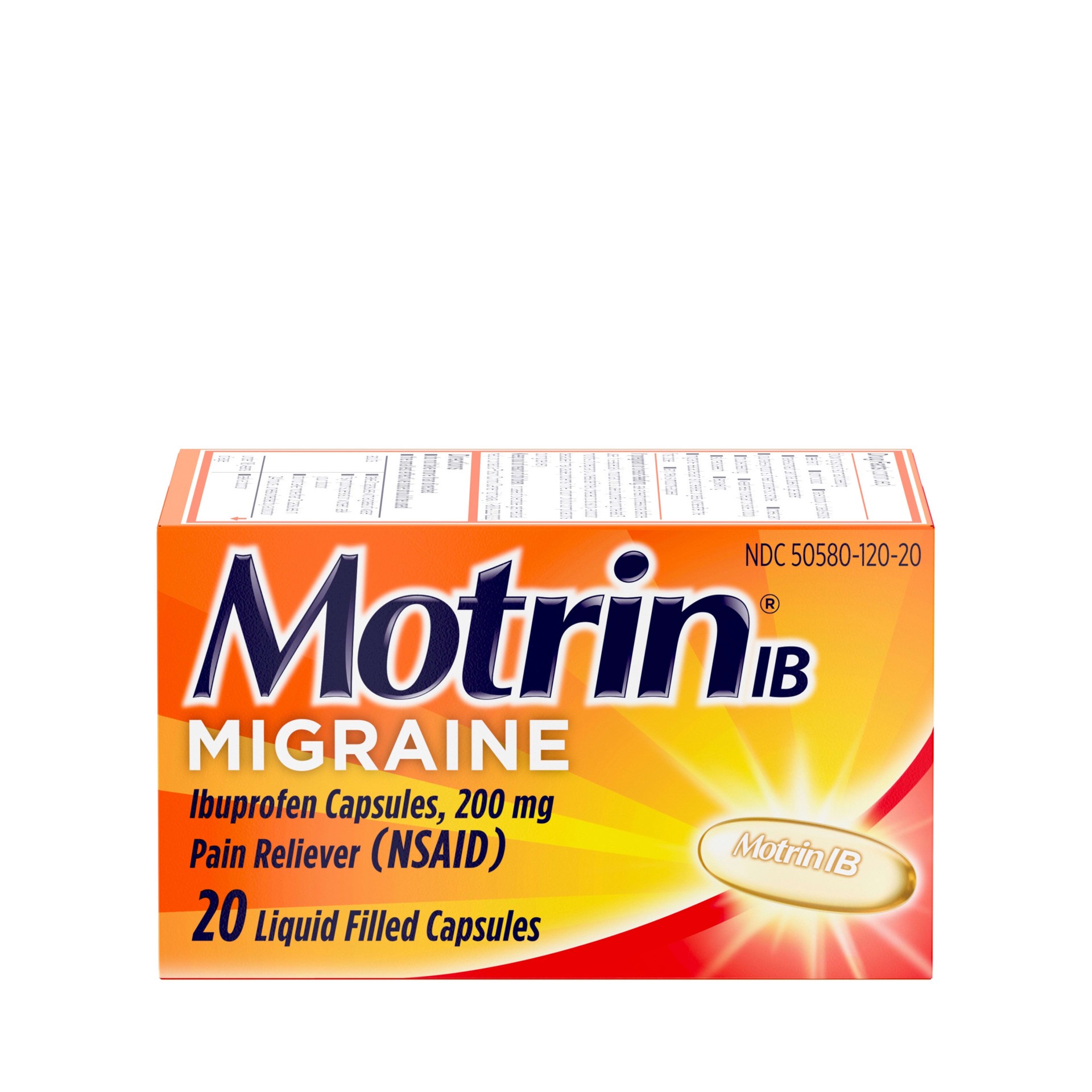 slide 1 of 7, Motrin IB Migraine Relief Liquid Gel Capsules, Ibuprofen 200 mg, Fast & Effective Migraine Headache Relief Medicine with NSAID Pain Reliever Ibuprofen, Caffeine-Free & Dye-Free, 20 Ct, 20 ct